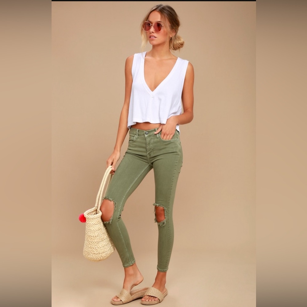 High Rise Busted Olive Green Distressed Skinny Jeans